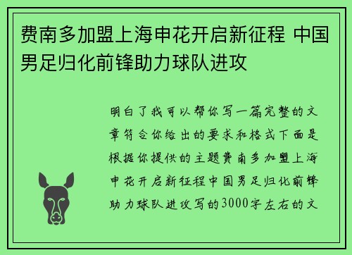费南多加盟上海申花开启新征程 中国男足归化前锋助力球队进攻
